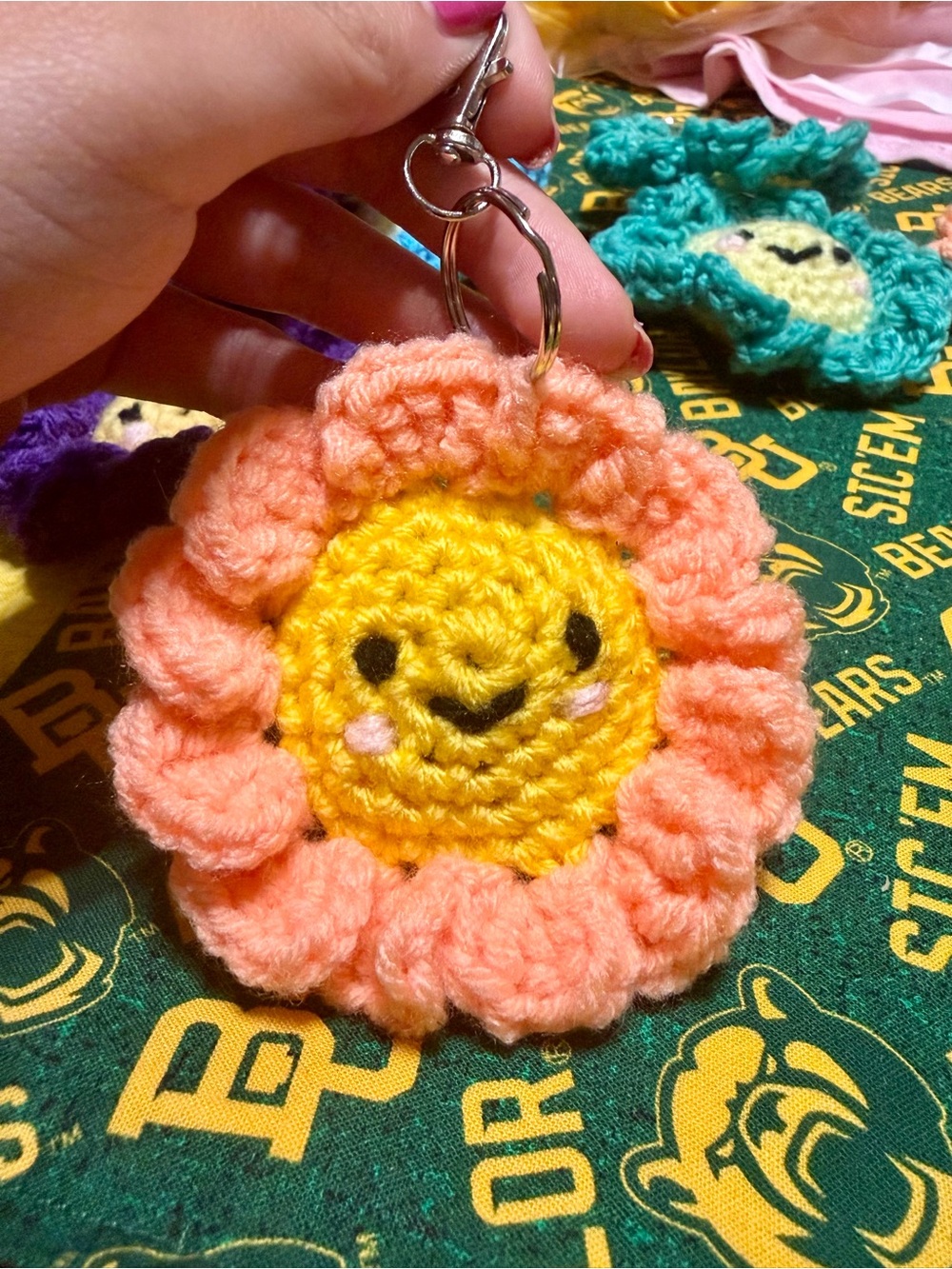 Handmade Peach and Yellow Crochet Sunflower Keychain - Kids Accessories